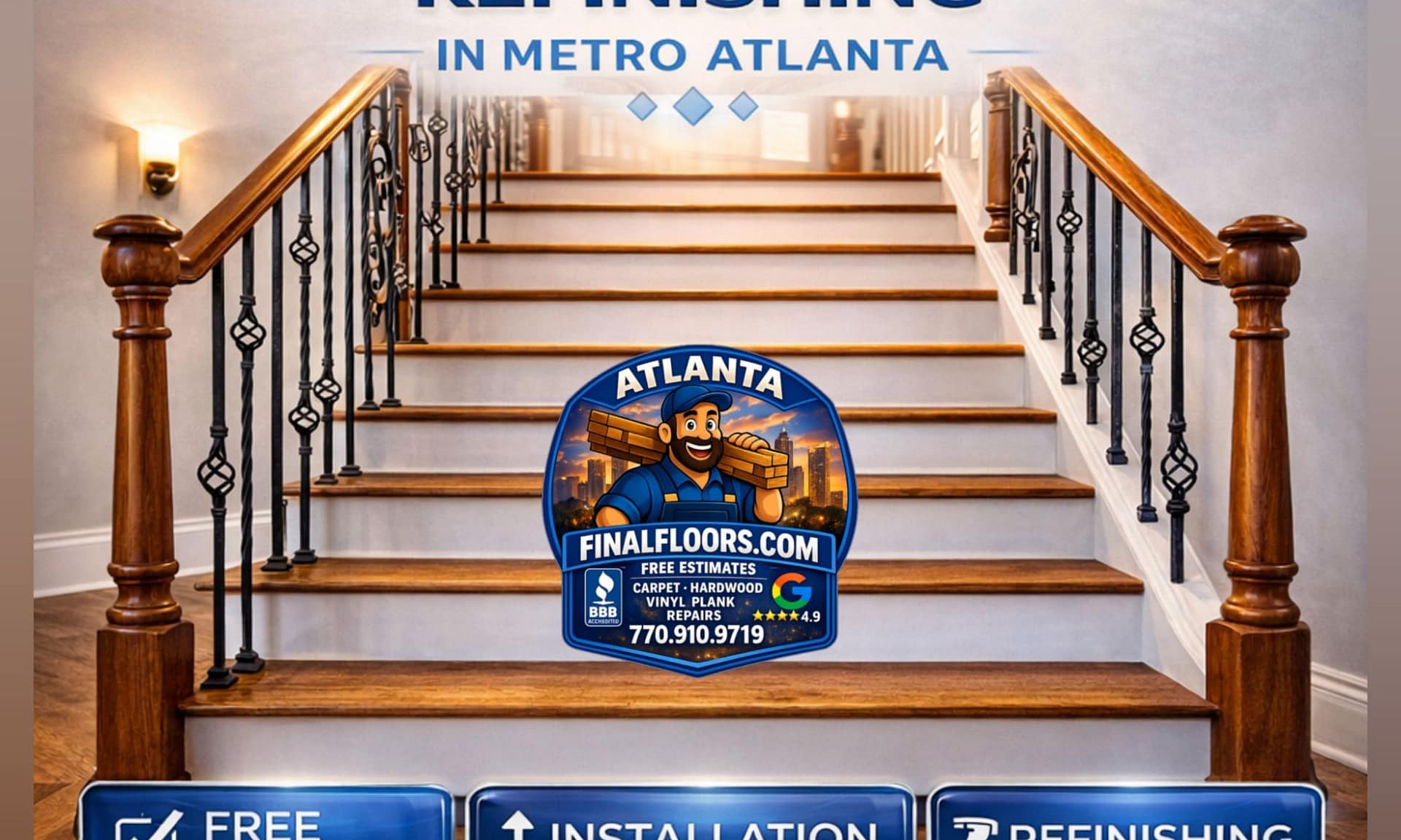promotional staircase image highlighting final floors’ professional staircase installation and refinishing services, featuring hardwood treads, iron balusters, and licensed in-house craftsmanship for metro atlanta homes.