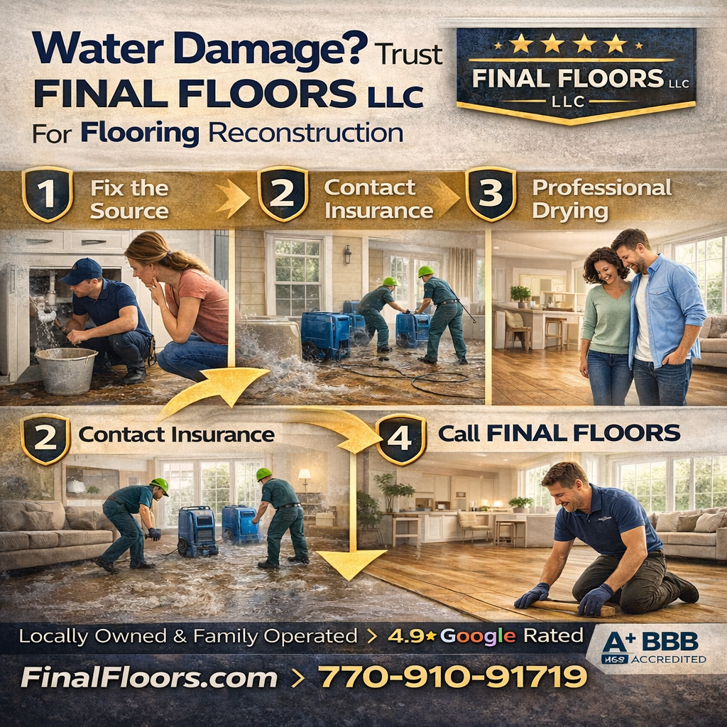 water damage floor repair in cherokee county ga by final floors, llc including hardwood refinishing waterproof vinyl plank installation and subfloor repair