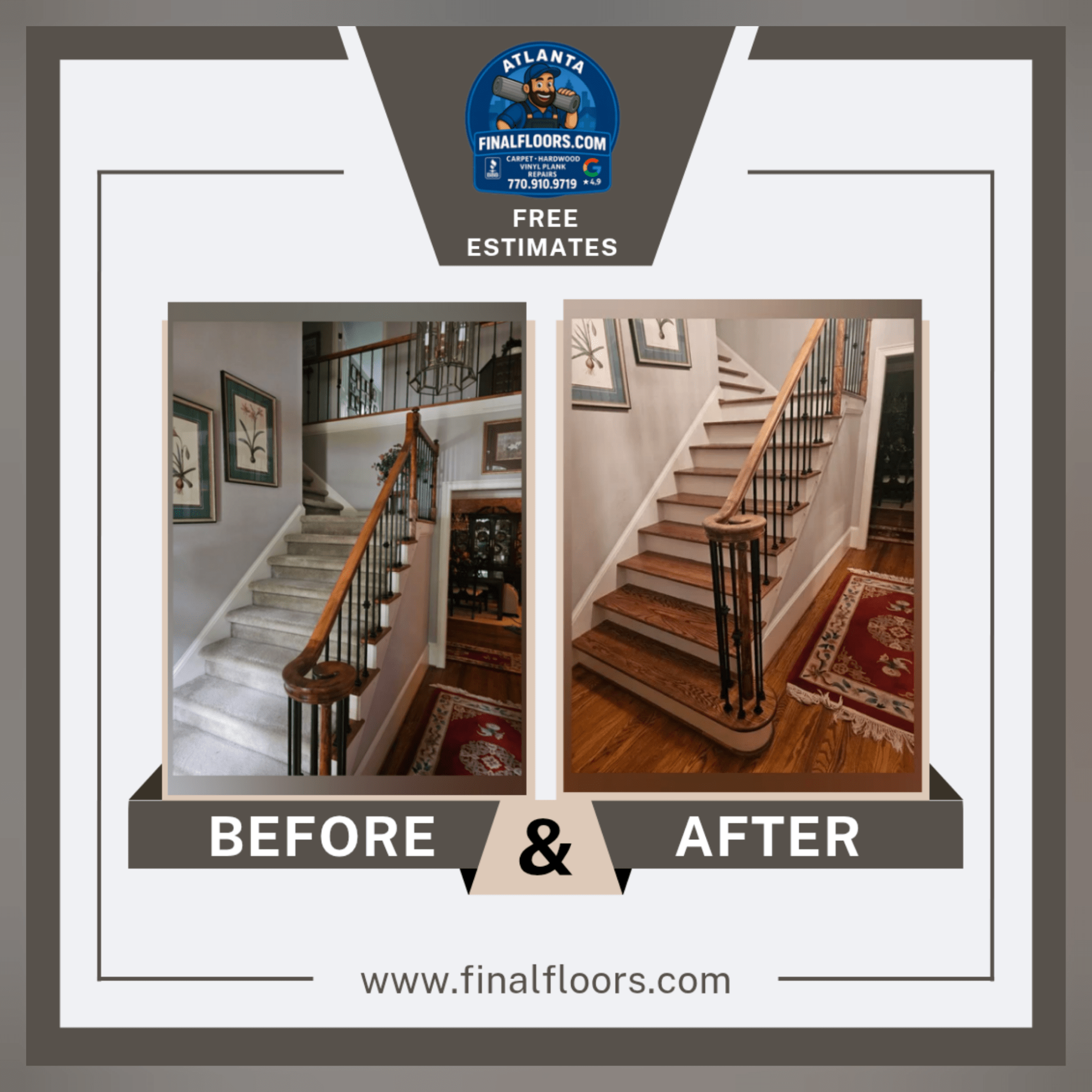 before and after staircase replacement and hardwood refinishing by final floors in atlanta