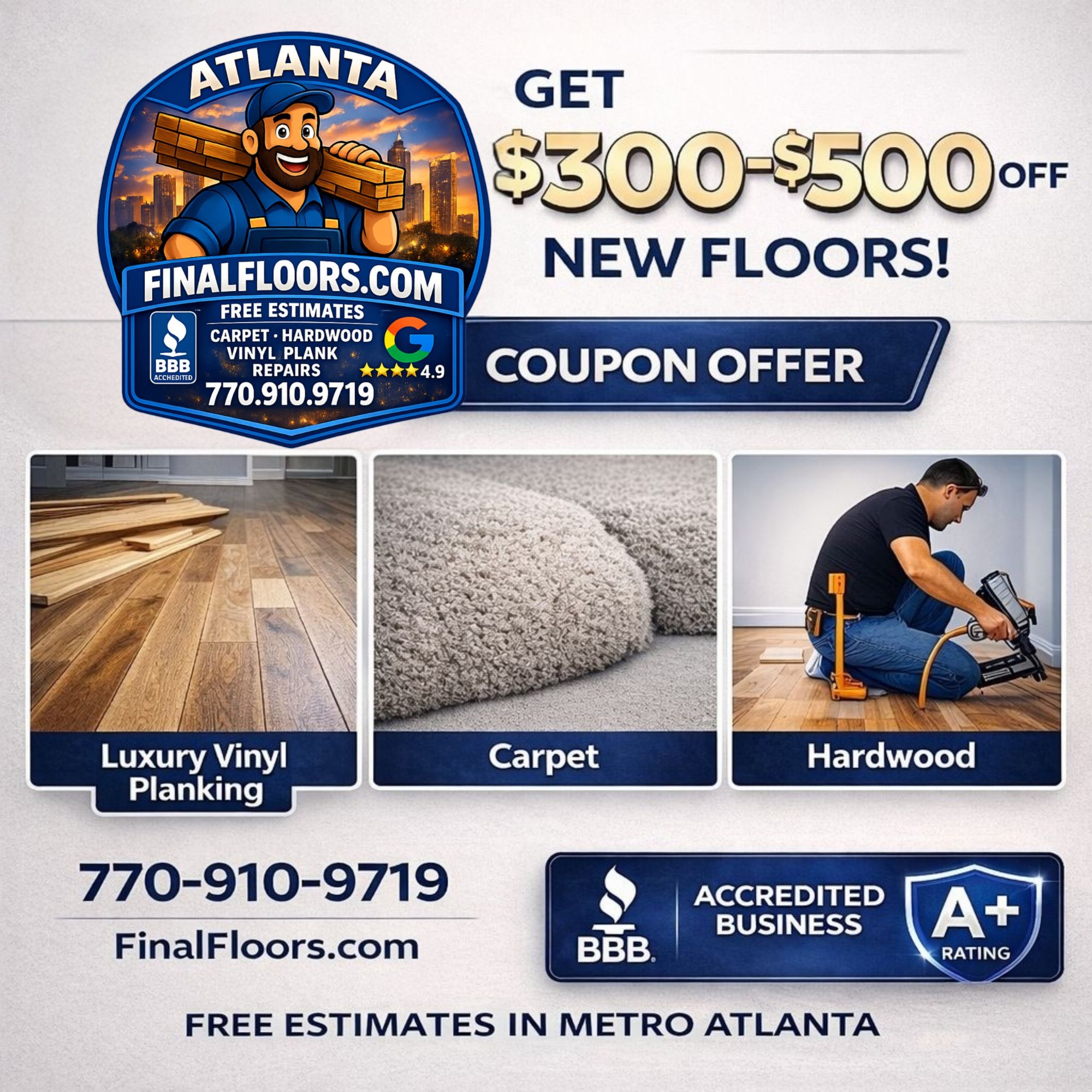 final floors, llc special offer image showing 300 to 500 dollars off new floors today