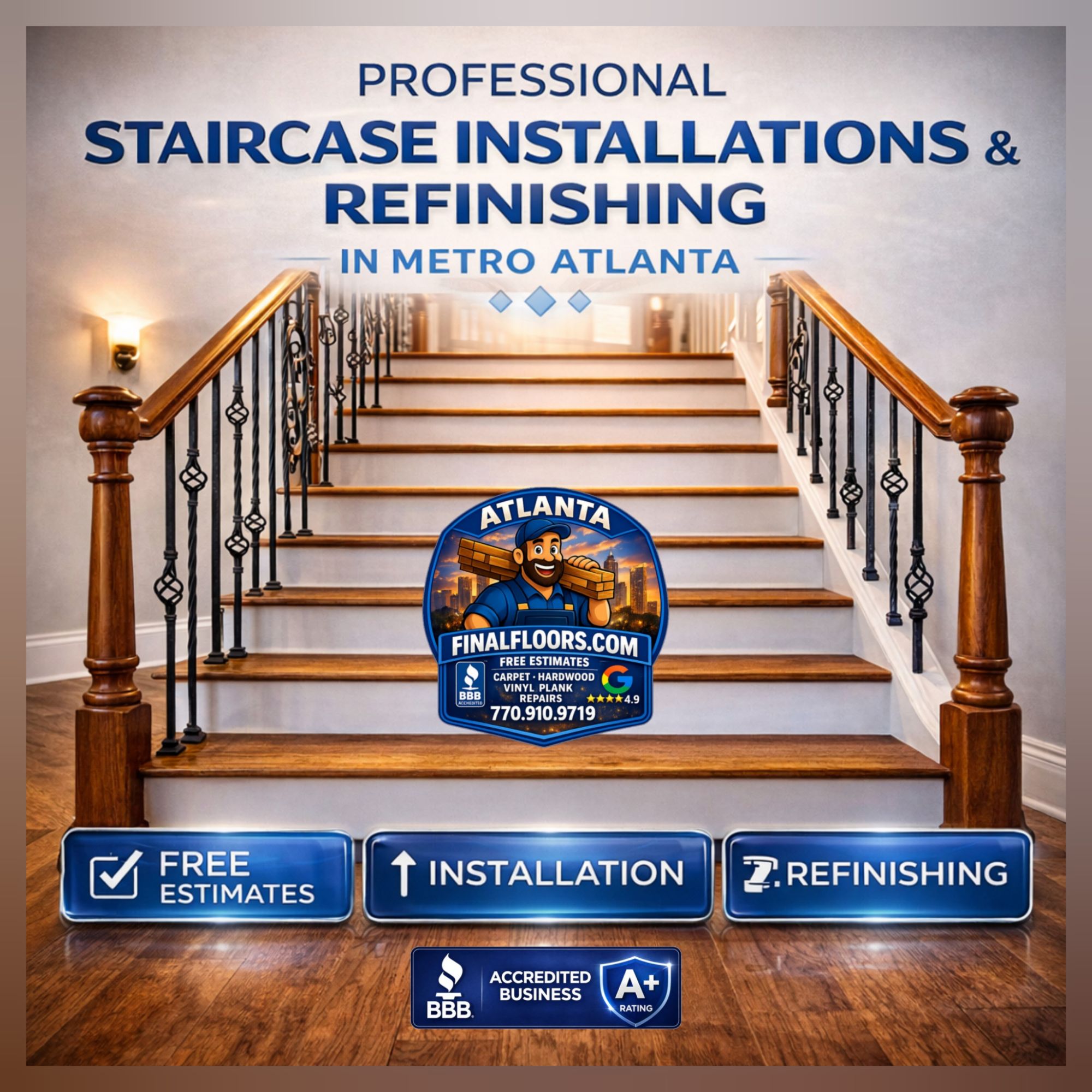 amazing 4.9 star staircase replacement and hardwood staircase refinishing in metro atlanta by final floors licensed in-house crews